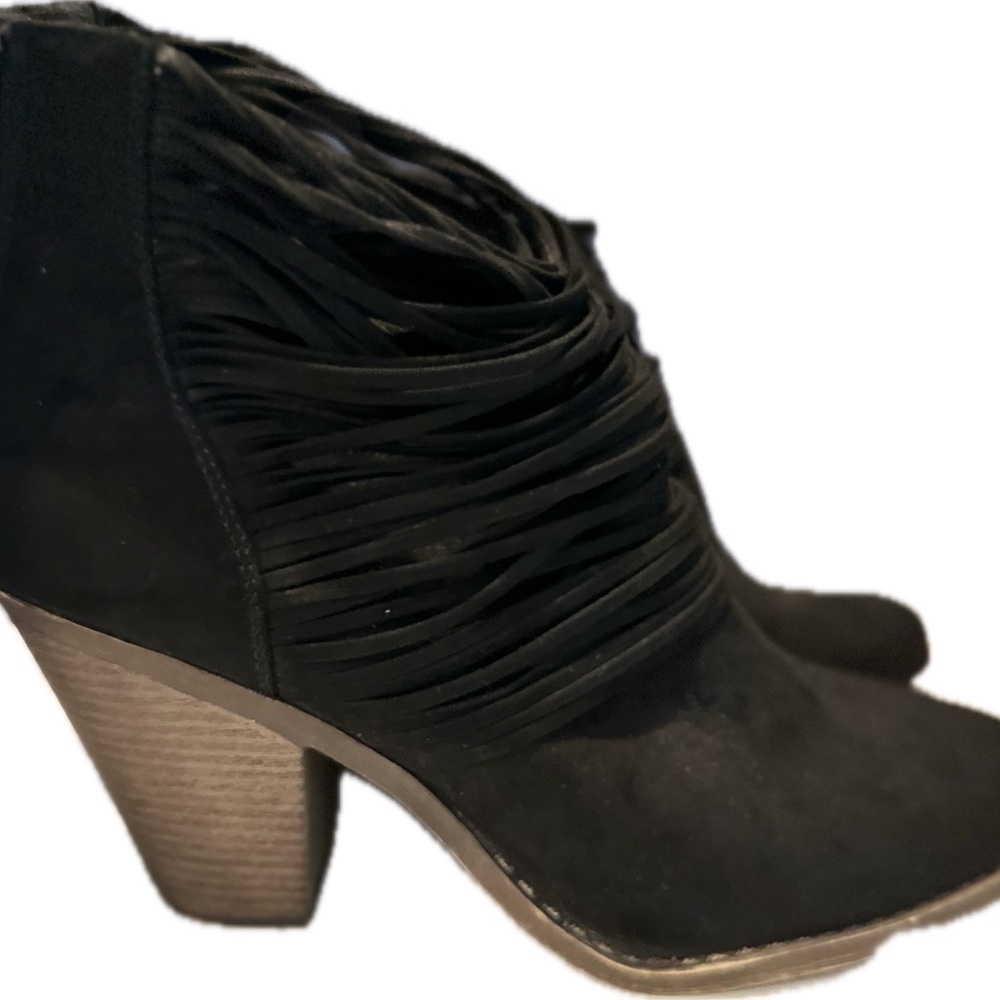 Fergalicious Ankle Boots Black Strappy Black Heel Zip Almond Toe Womens